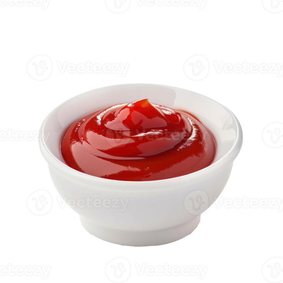 Red tasty ketchup in small white bowl isolate on transparency background png