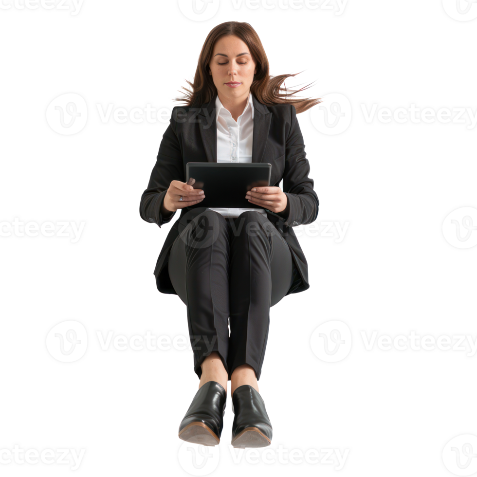 full body business woman laying in the air floating while using tablet isolate on transparency background png