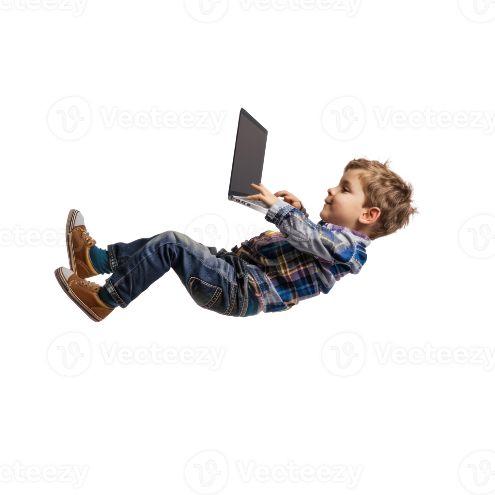full body little boy laying in the air floating while using laptop isolate on transparency background png