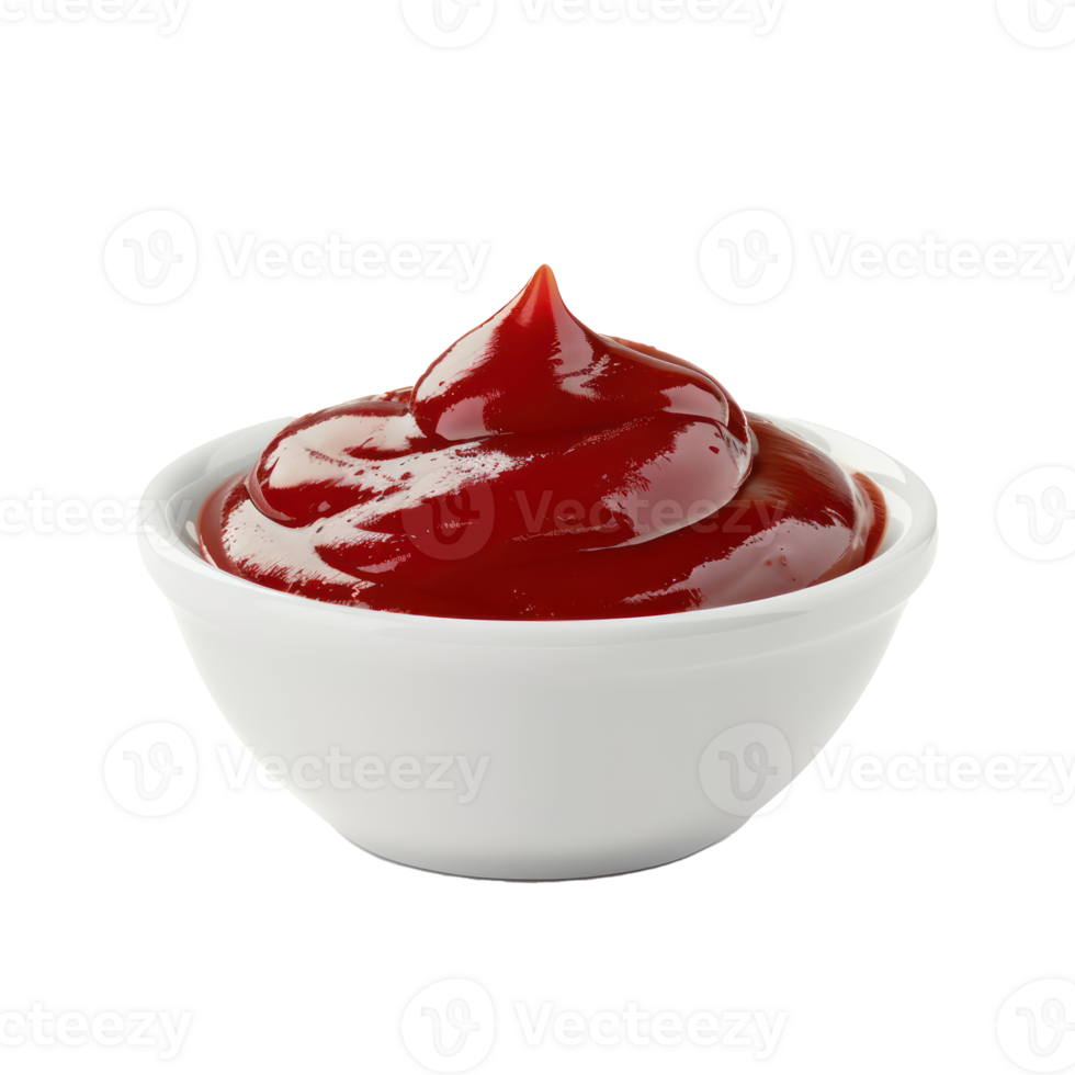 Red tasty ketchup in small white bowl front view isolate on transparency background png