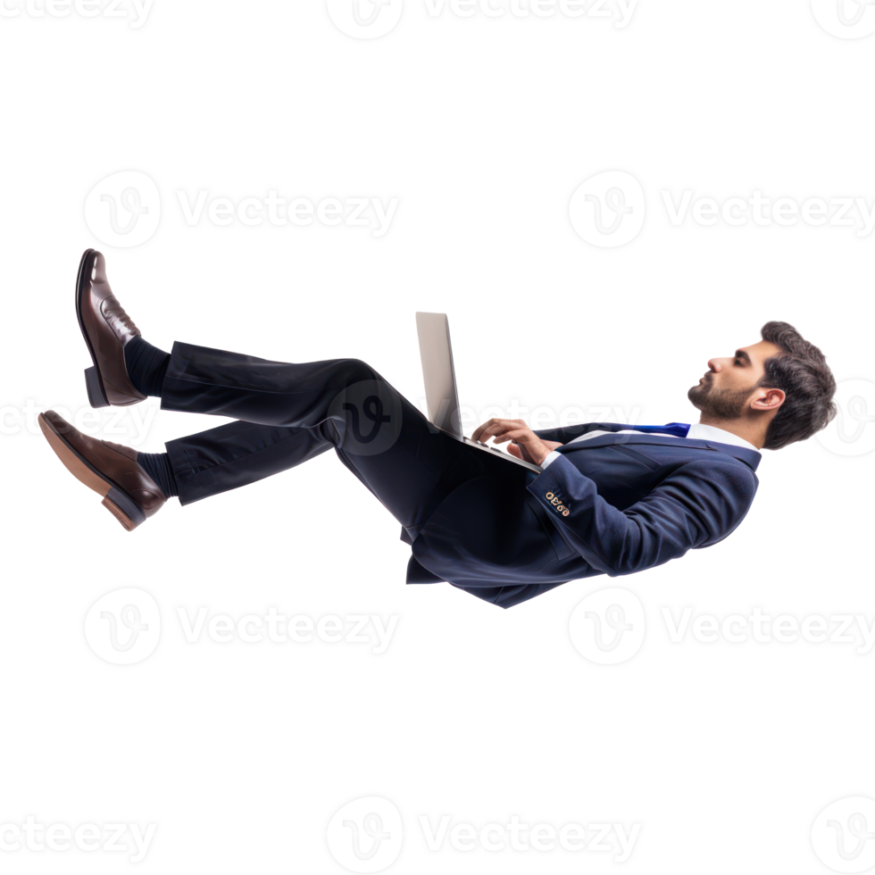 full body businessman laying in the air floating while using laptop isolate on transparency background png