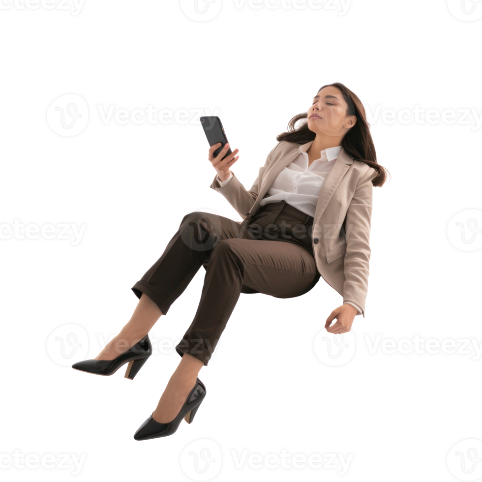 full body business woman laying in the air floating while using smart phone isolate on transparency background png