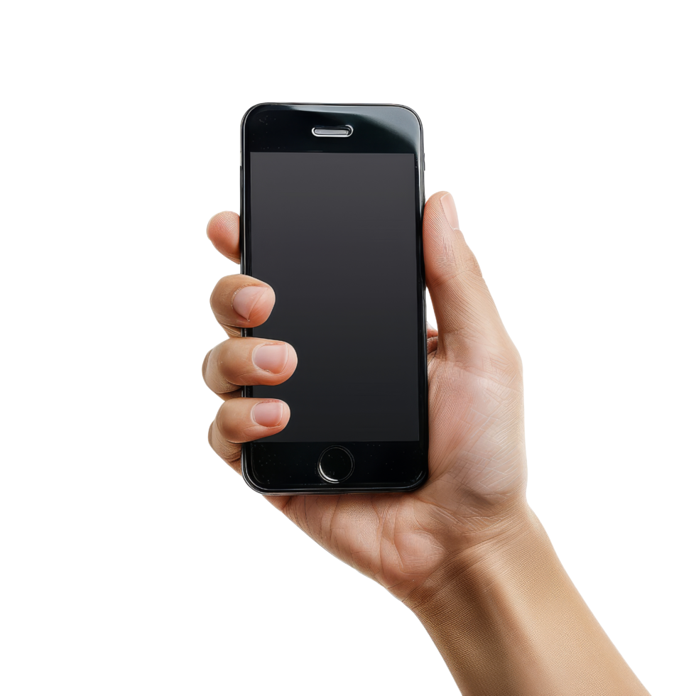 Hand holding black smartphone with blank screen png