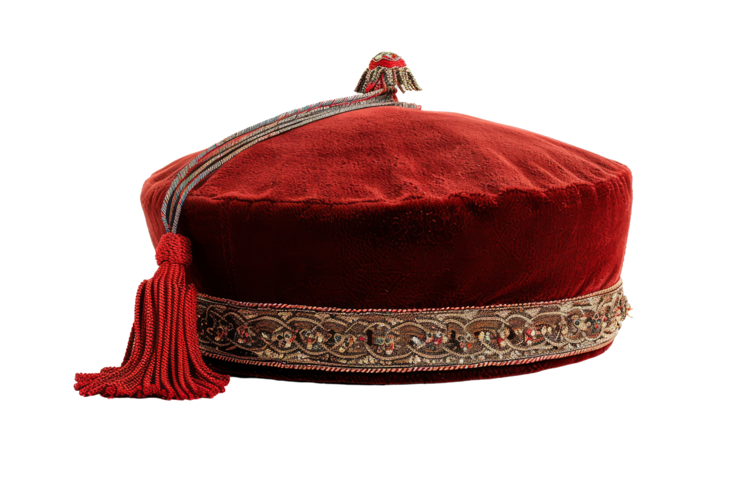 Red Velvet Hat with Gold Trim and Tassel png