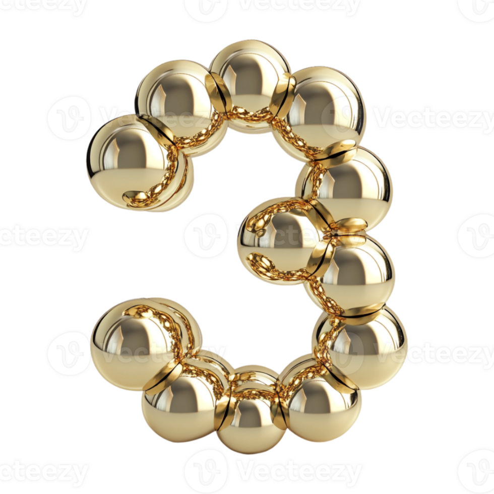 Golden balls arranged in the shape of a number 3 png