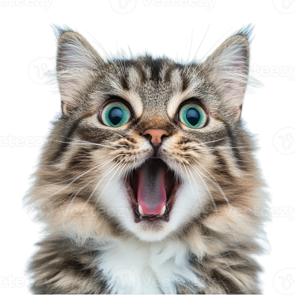 A cat with its mouth open and its eyes wide open png