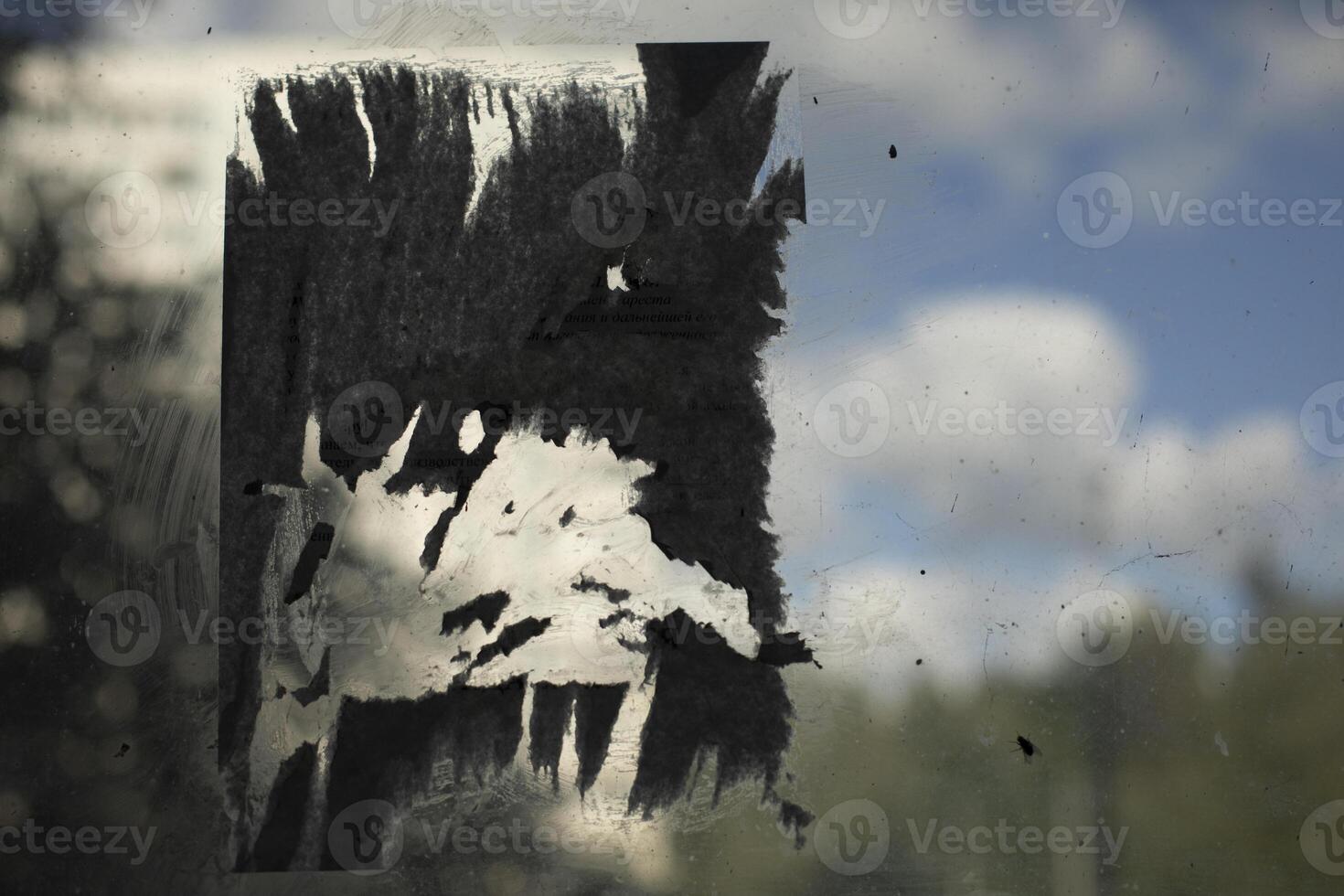 Trace of announcement on glass. Torn pieces of paper on surface. Fragments of announcement. photo