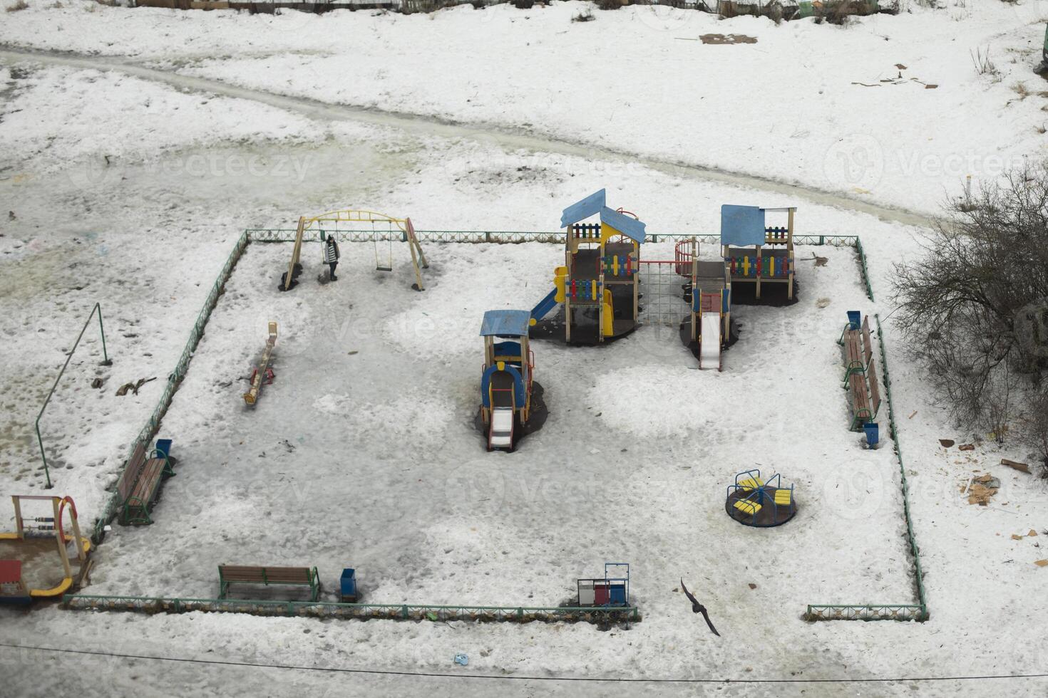 Children's playground top view. Playground in winter. A place for children to play. photo