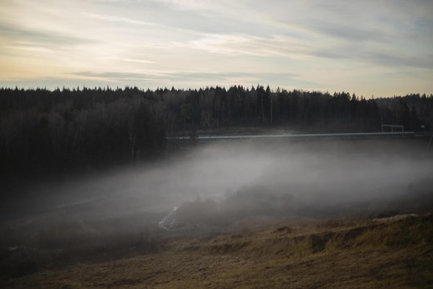 Evening landscape. Forest on the horizon. The sun set behind the forest. photo