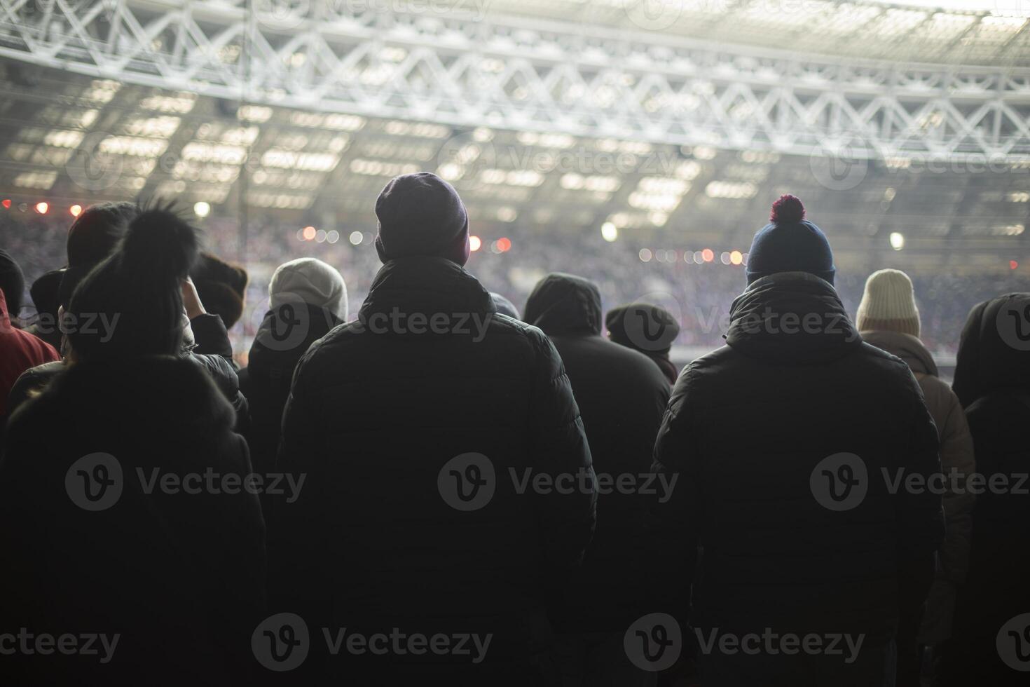 People in stadium. Lot of people are watching game. People from back. photo