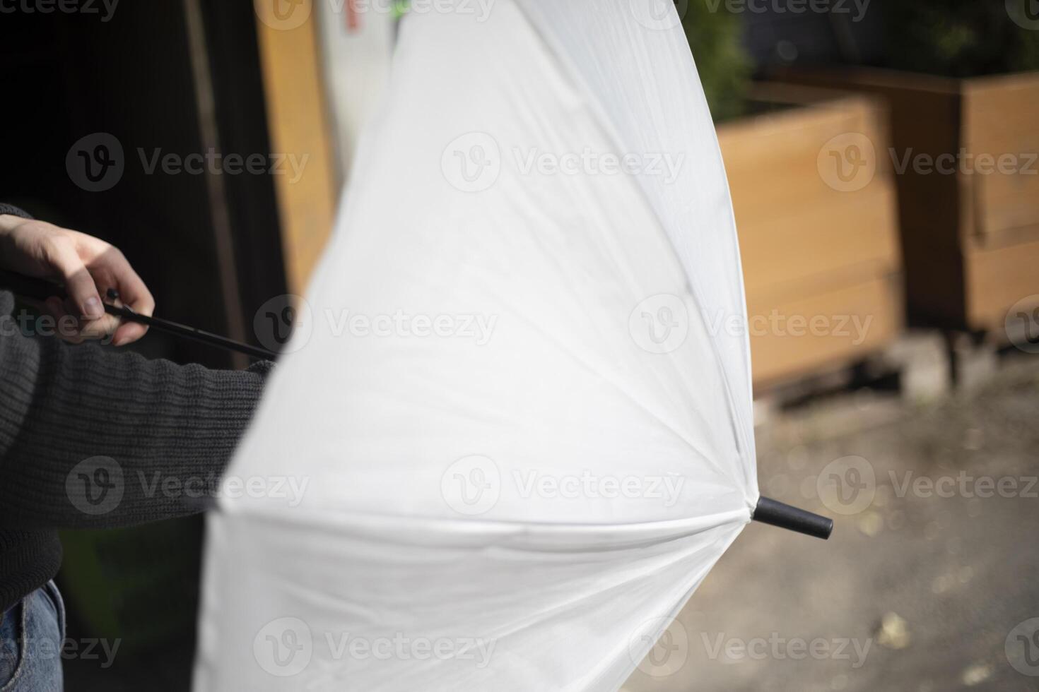 White Parasol. Umbrella made of white material. Sun protection. photo