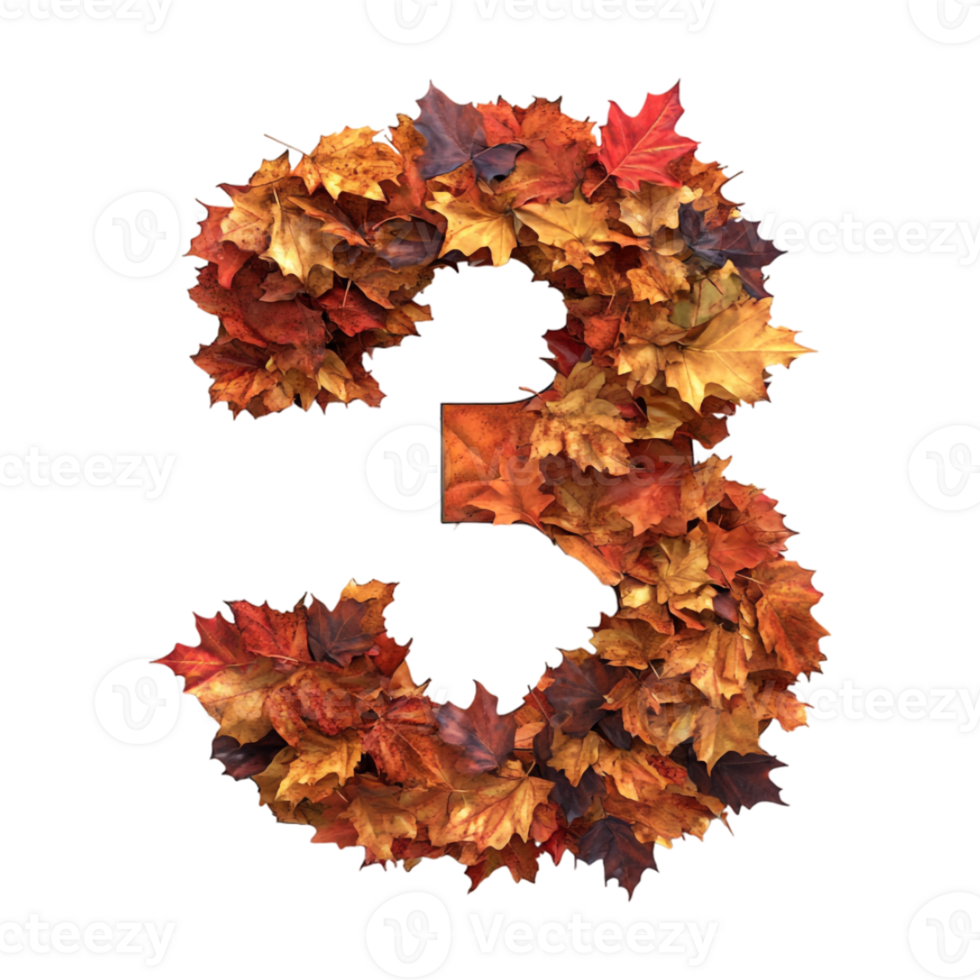 The number three made of autumn leaves png