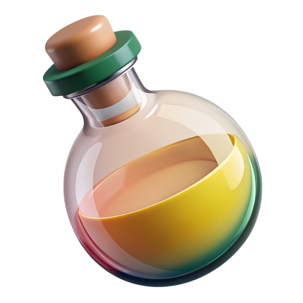 A colorful potion bottle filled with a gradient liquid, illustrated in a 3D rendered style on a transparent background, with a cork stopper on top. png