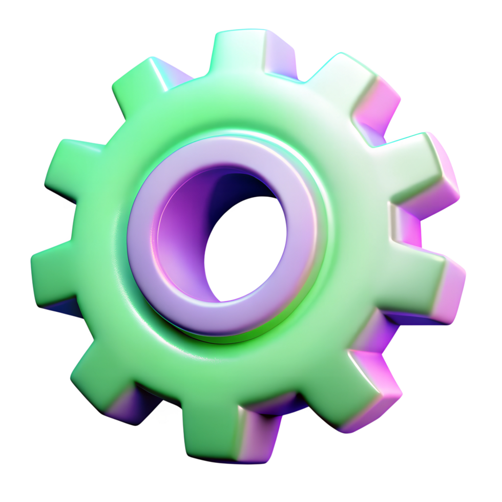Vibrant 3D-rendered gear with iridescent hues and a futuristic aesthetic on a transparent background, showcasing intricate mechanical design elements. png