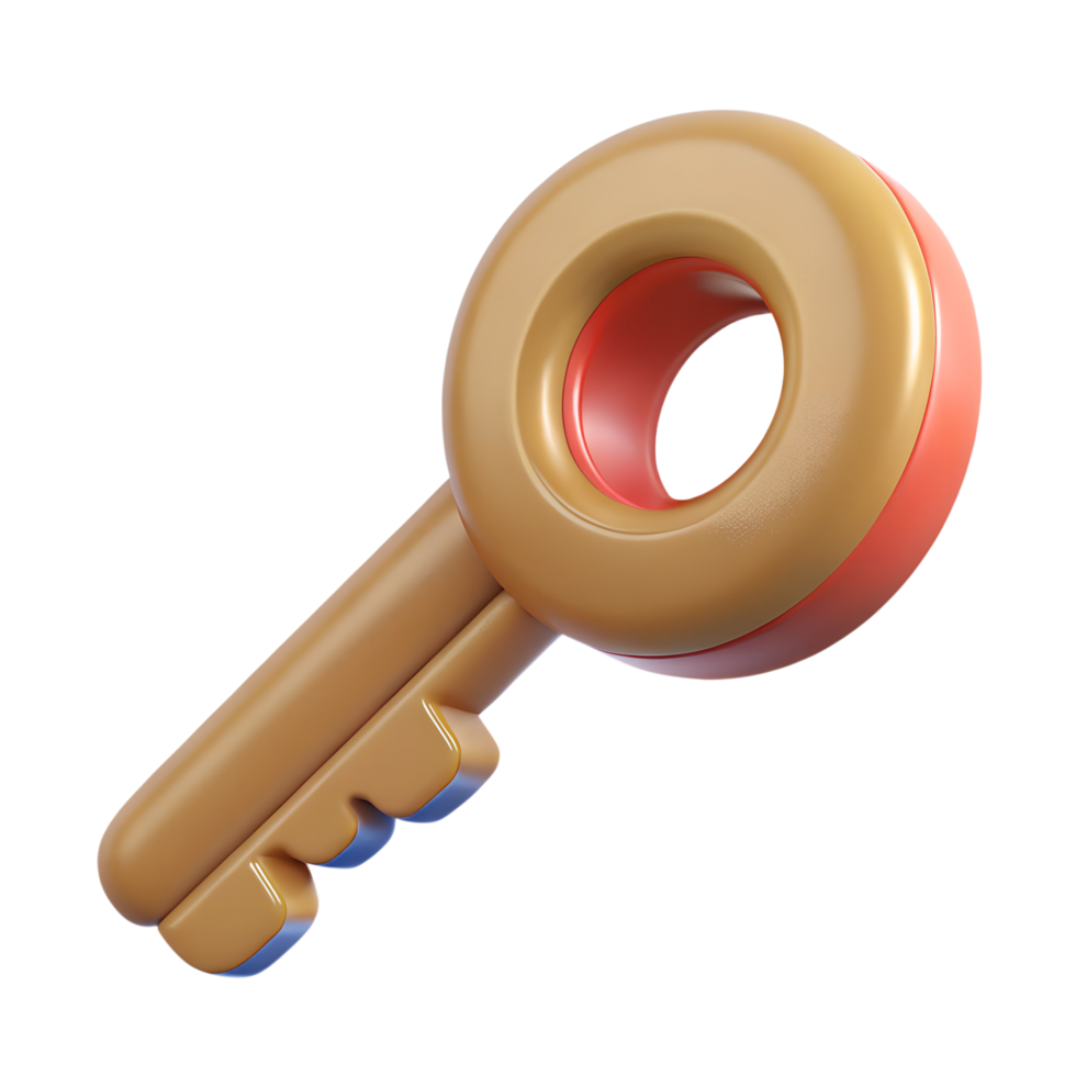 A 3D rendered key with a circular bow and a smooth design, floating on a transparent background, displaying shades of brown and red. png