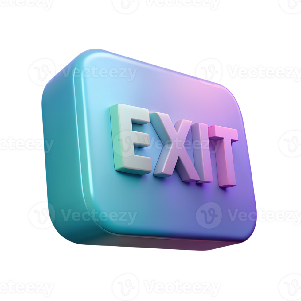 A vibrant 3D rendered 'Exit' button in pastel colors, floating against a transparent background, showcasing a modern and sleek design aesthetic. png