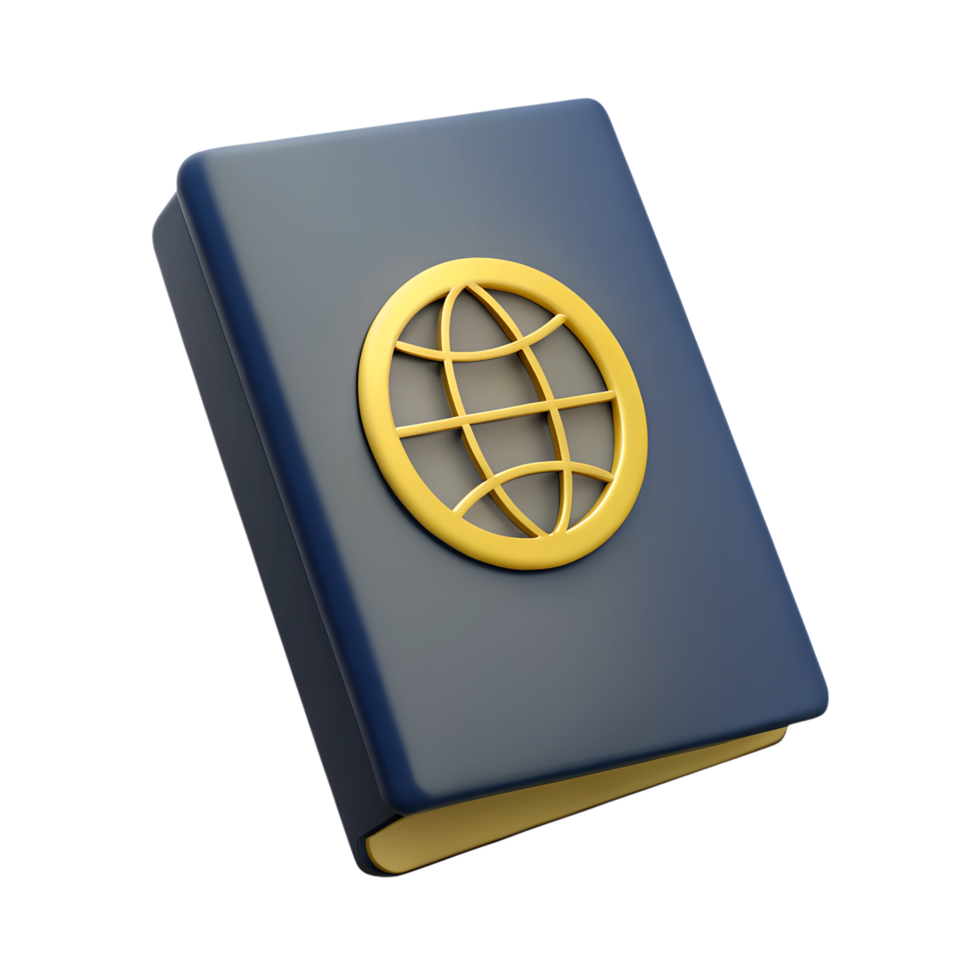 3D rendered image of a navy blue book with a gold globe emblem on the cover, placed on a transparent background. png