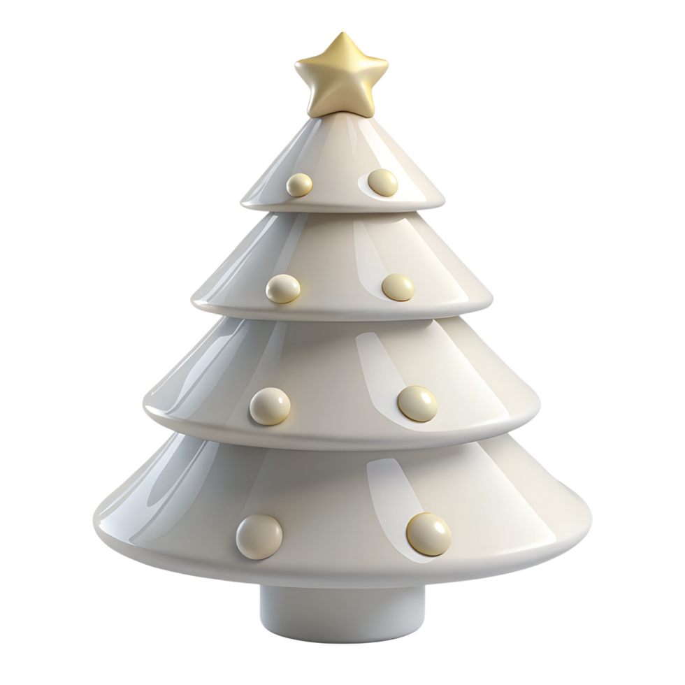 A 3D rendered white Christmas tree with a star on top and round ornaments, set against a transparent background. png