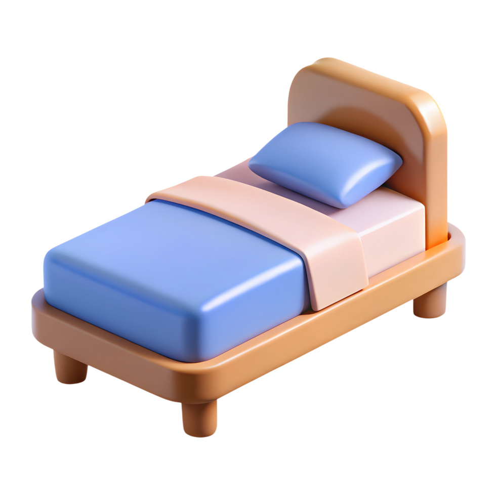 3D rendered single bed with blue bedding and wooden frame on a transparent background. png