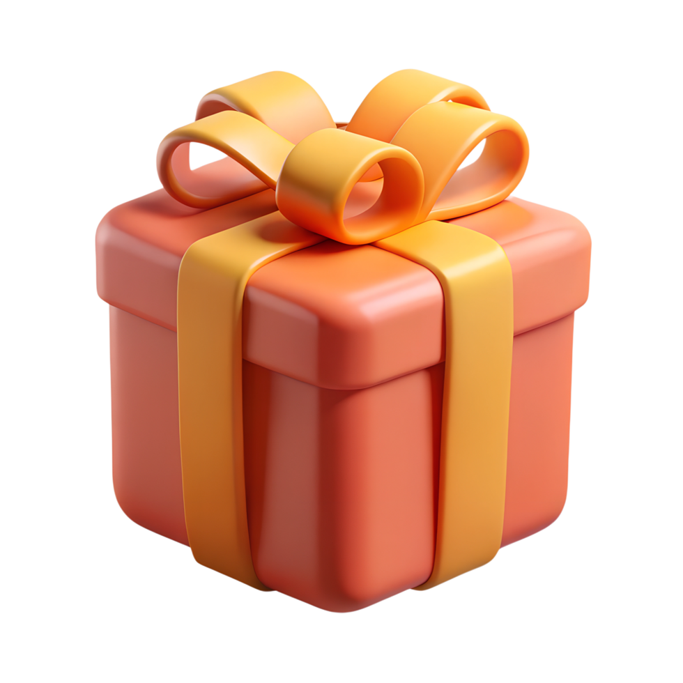 3D rendered orange gift box with a yellow ribbon on a transparent background, showcasing a vibrant and festive design. png