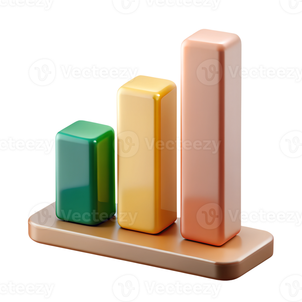 3D rendered colorful bar chart on a transparent background, showcasing three vertical bars in varied heights and colors for visual data representation. png
