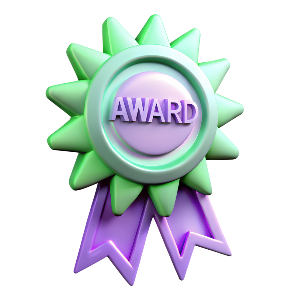 A 3D rendered award ribbon with a purple and teal color scheme, featuring a starburst design and a glossy finish, set against a transparent background. png