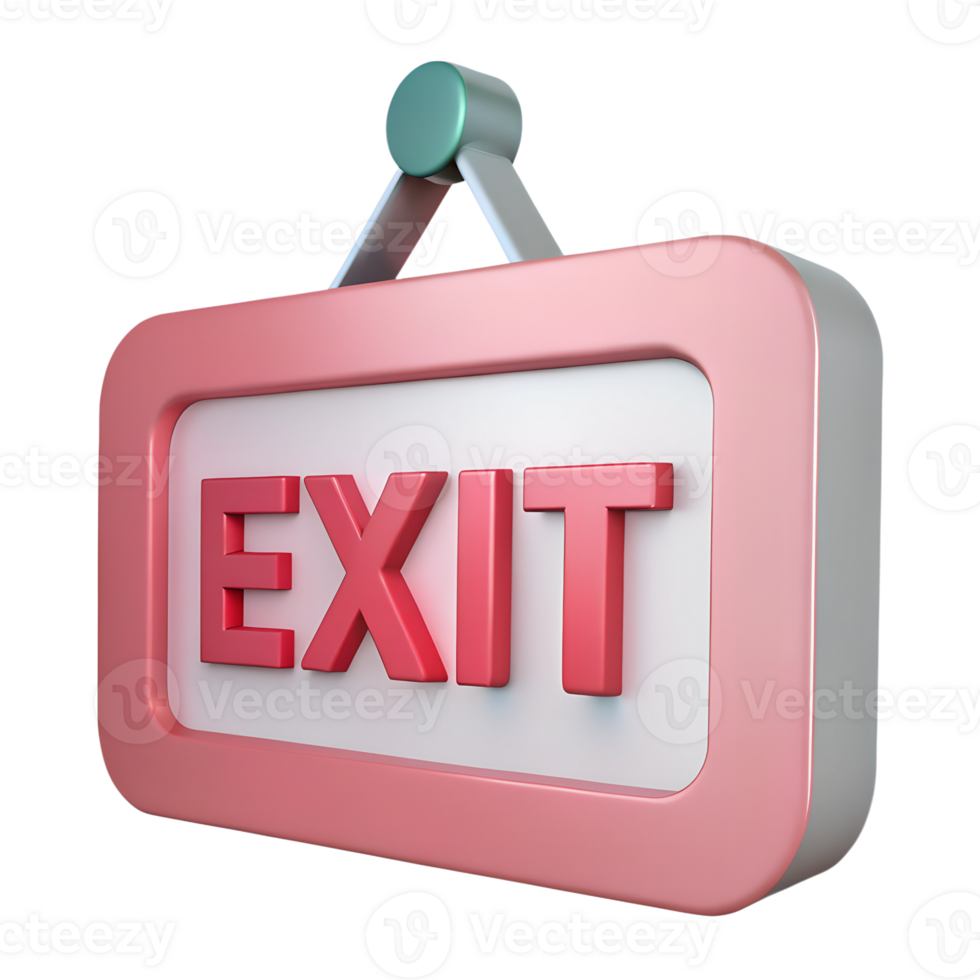 3D rendered image of a vibrant pink and white exit sign on a transparent background, featuring bold red letters. png