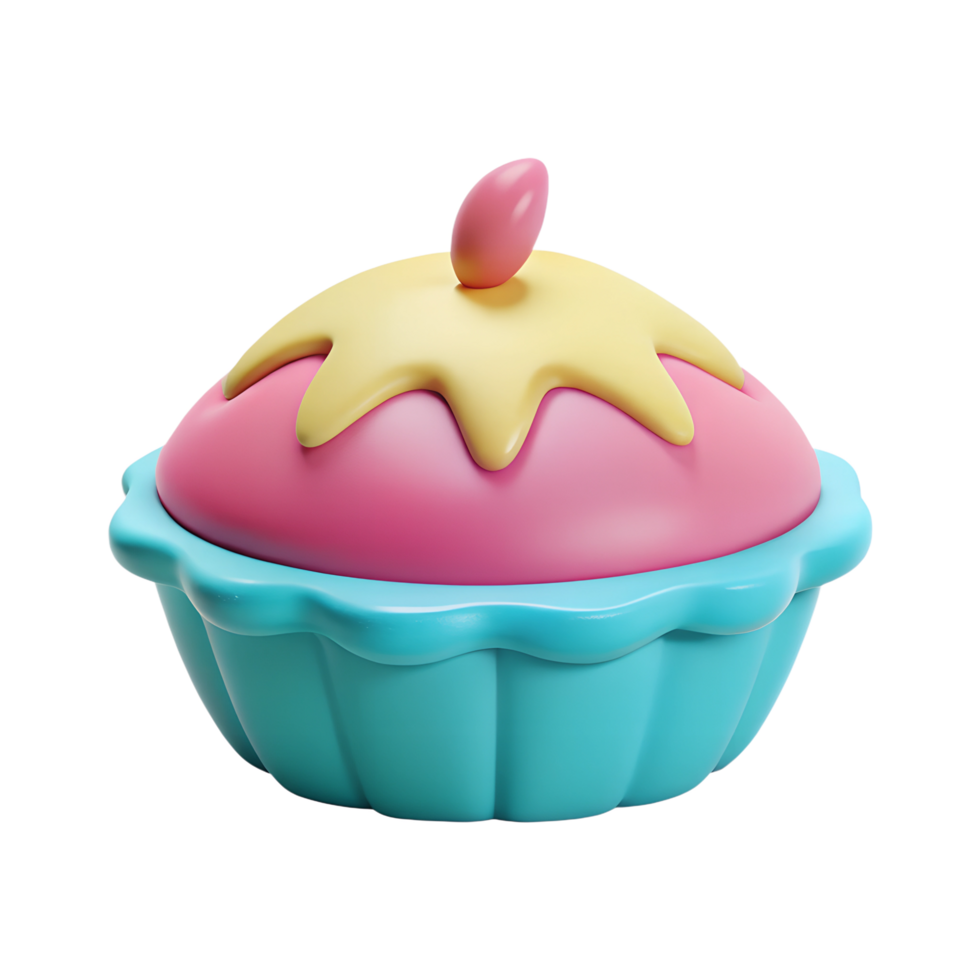 Whimsical 3D rendered cupcake with vibrant colors on a transparent background, featuring a playful design and a cherry-like topper. png