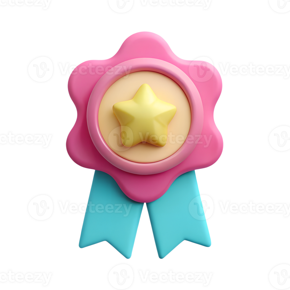 A vibrant 3D-rendered badge featuring a yellow star in the center with a pink border and blue ribbons, set against a transparent background. png