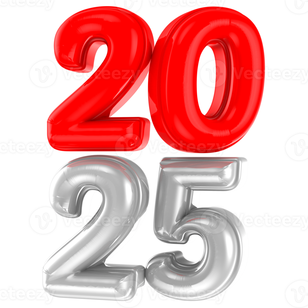 Happy New Year Number 2025 Whtie And Red 3D Render png
