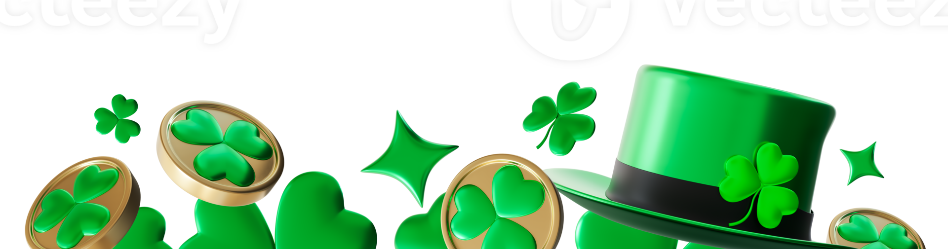 St. Patrick's Day themed footer design featuring vibrant green clovers, hat, stars. This festive graphic element is perfect for digital projects, banners, event decorations. Irish culture. 3D render. png