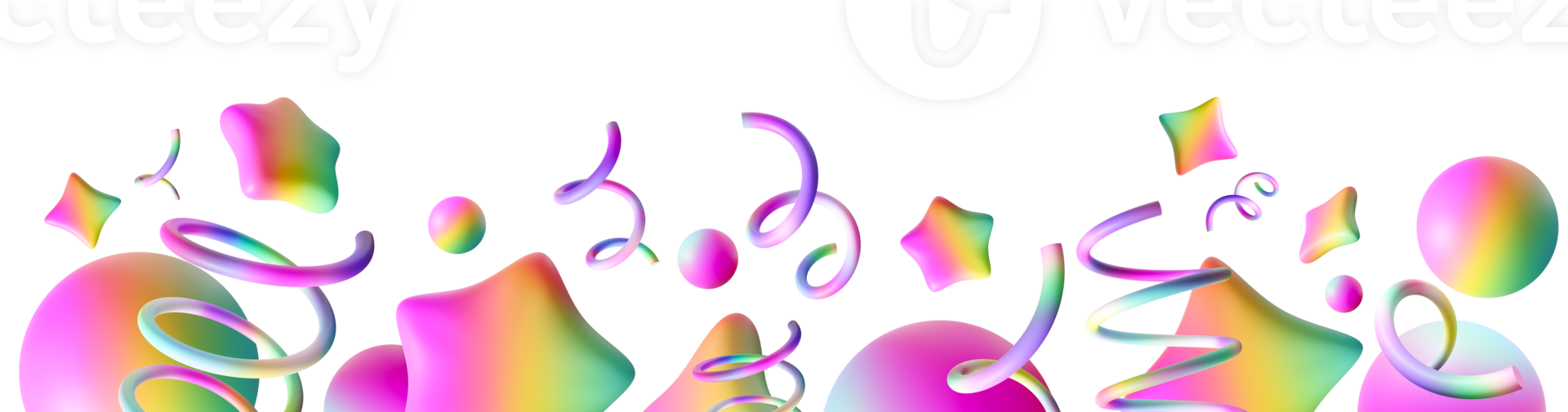 Vibrant, playful footer featuring colorful iridescent stars, spirals and spheres. This lively and festive graphic adds cheerful and dynamic touch to party invitations, banners and digital designs. 3D. png