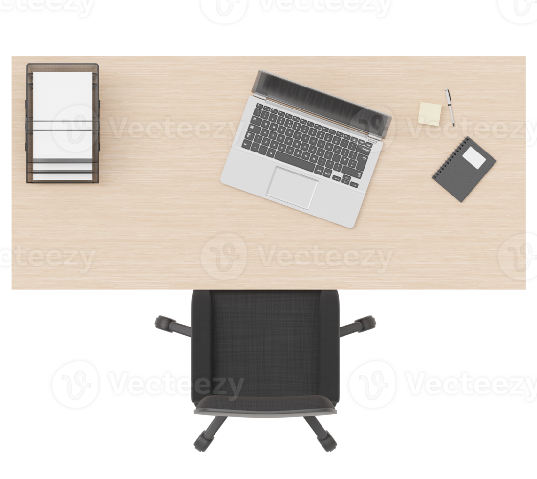 Wooden desk with office chair, on transparent background. Cut out furniture. Contemporary, minimalist style. Top view, floor plan element. Modern workspace aesthetic. 3D render. png