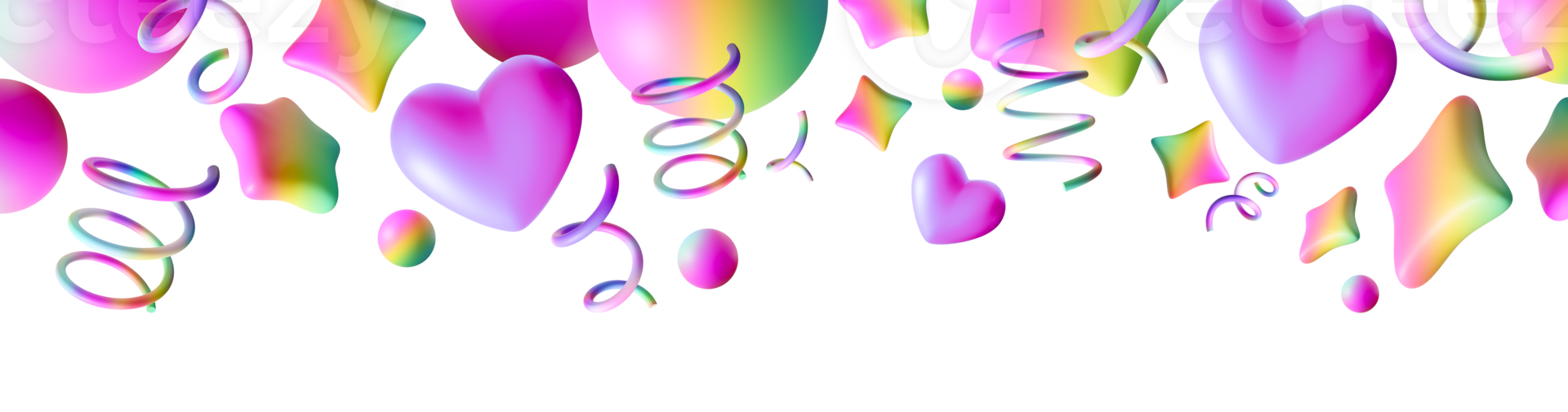 Vibrant, playful header featuring colorful iridescent stars, spirals and spheres. This lively and festive graphic adds cheerful and dynamic touch to party invitations, banners and digital designs. 3D. png