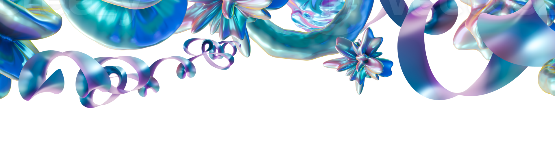Holographic header featuring abstract, iridescent shapes. Modern, futuristic graphic element, perfect for digital art projects, banners and event designs. Unique metallic and reflective aesthetic. 3D. png