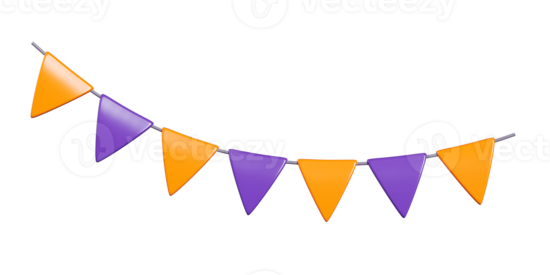 Halloween party bunting flags garland - 3d render illustration of orange and purple triangle decorative paper flag png