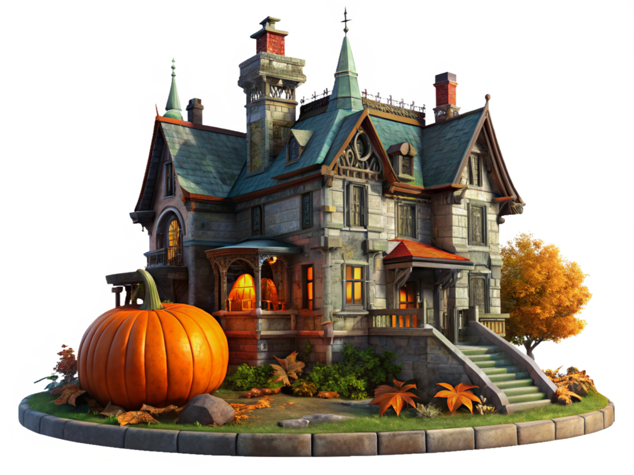 Spooky Mansion Surrounded by Glowing Jack-O'-Lanterns png