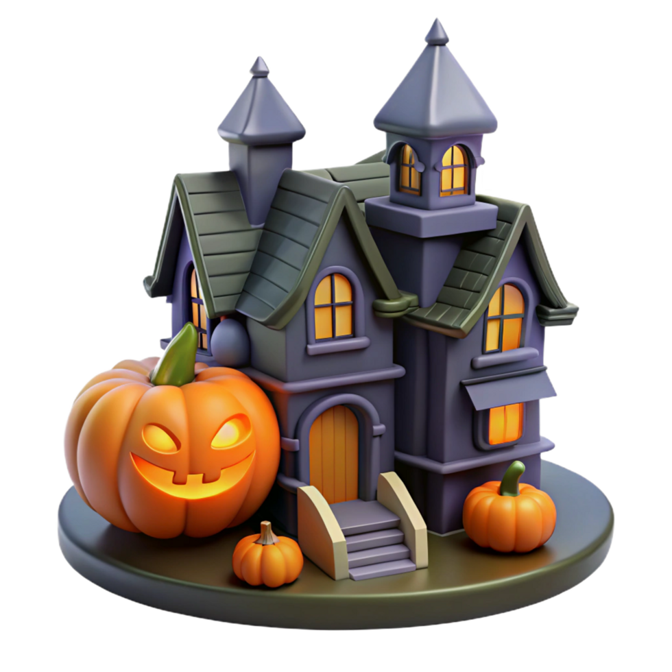 Eerie Mansion with Halloween Pumpkin Decorations png