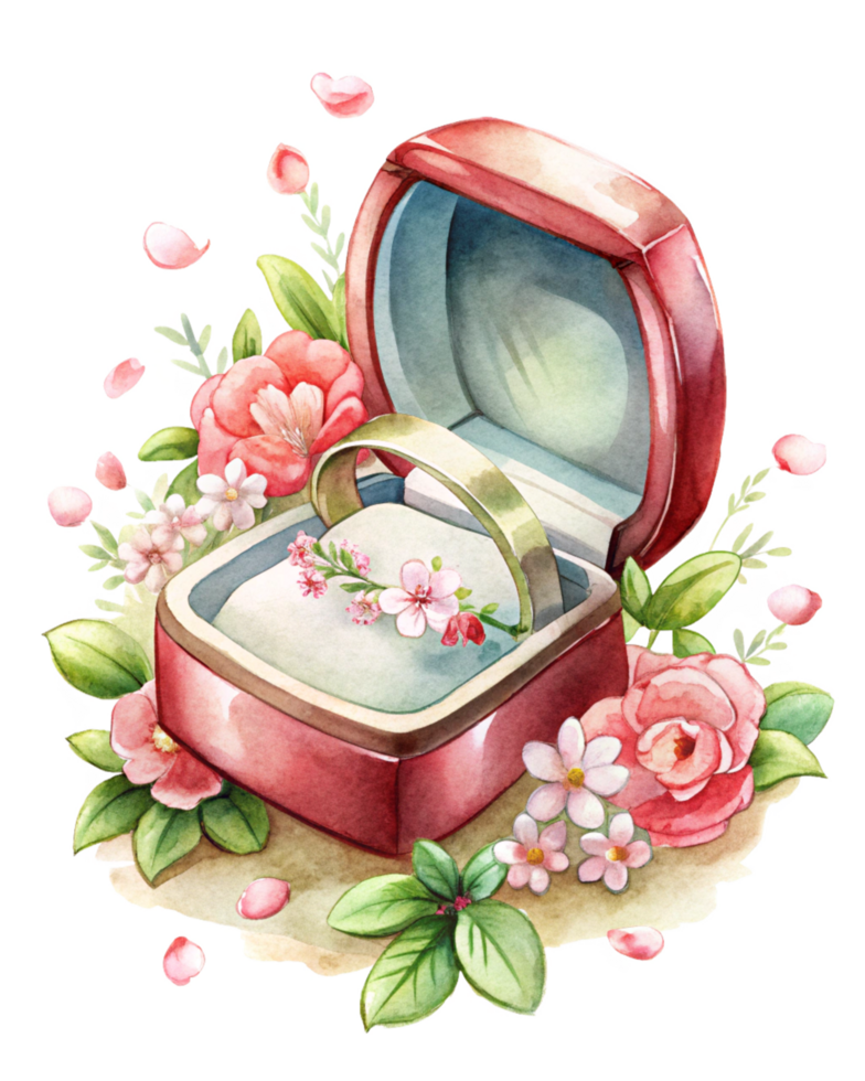 Luxurious Ring Box with Wedding Ring and Flowers png