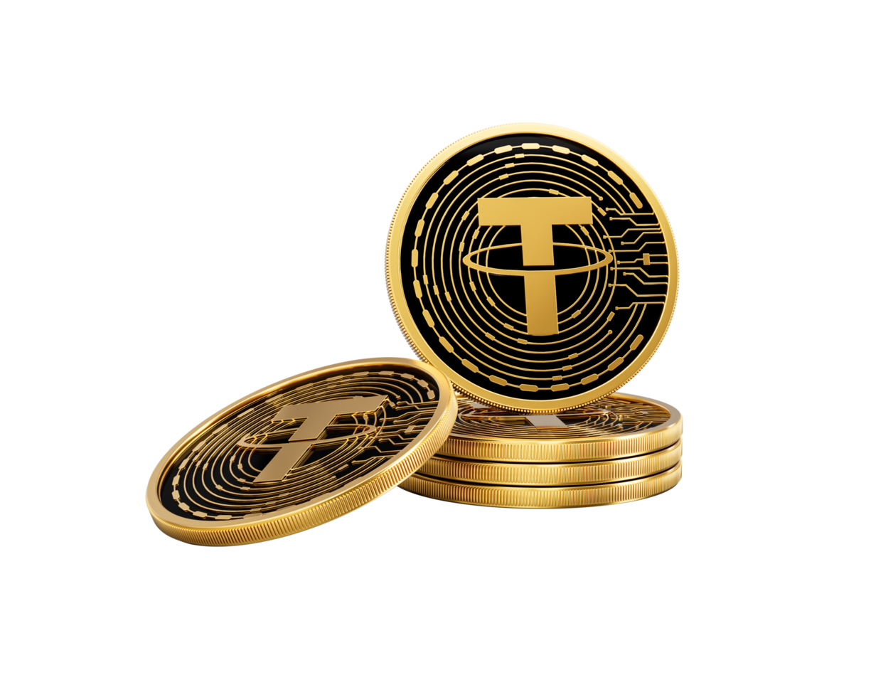 3d Stack Of Golden Cryptocurrency Tether USDT Coins Stack 3d Illustration png