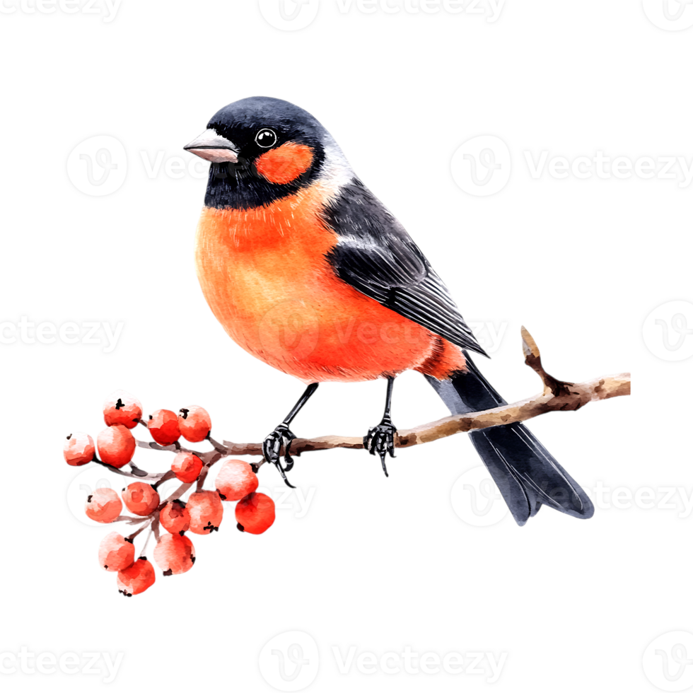 Watercolor Bullfinch Perched on a Branch Illustration on a transparent background png