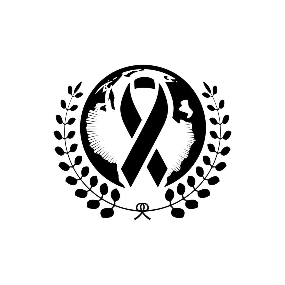 black ribbon with world globe and laurel wreath, a black and white poster for a world health. aids. cancer day, vector
