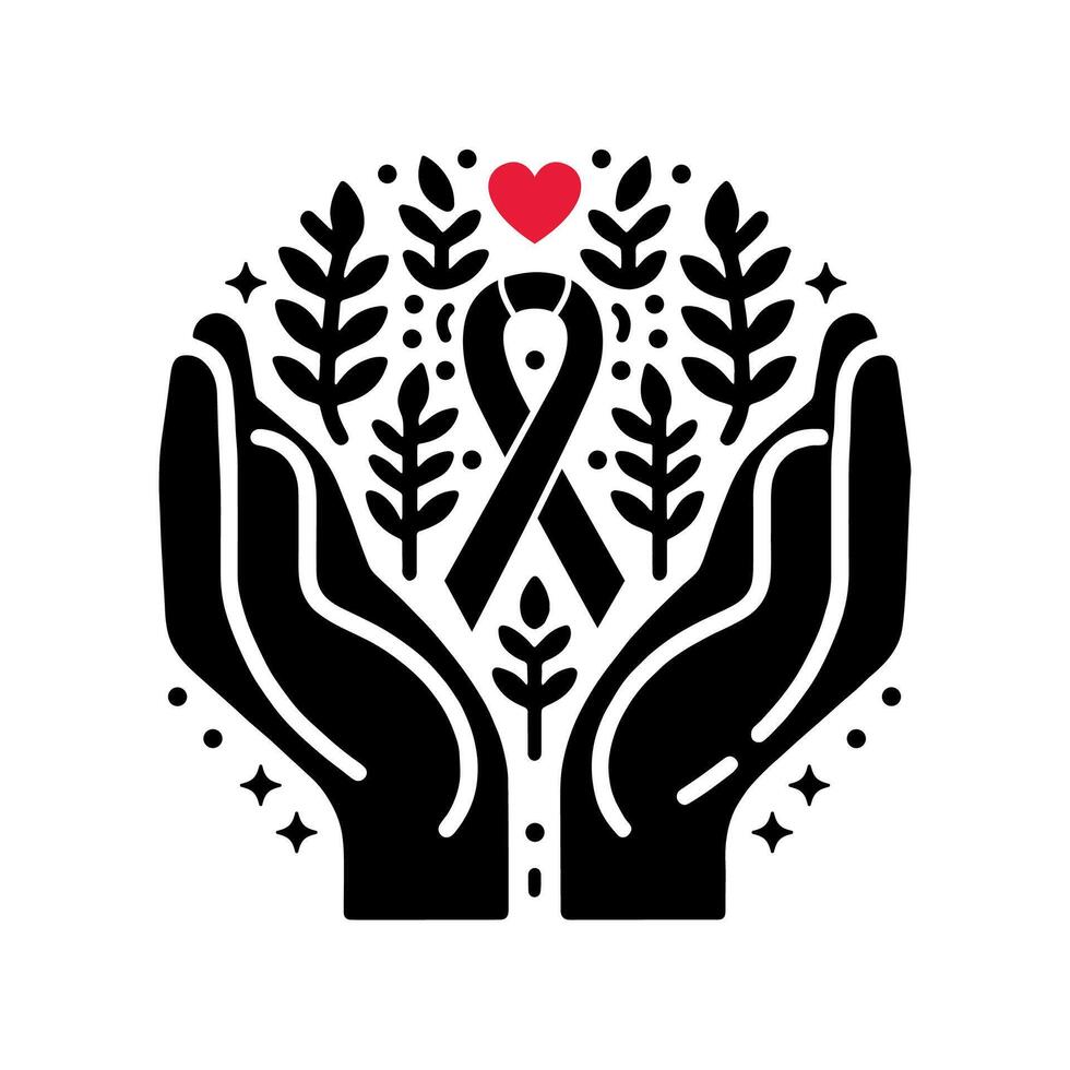 hands holding a ribbon and a red heart, hands holding a globe with various medical symbols design for a world health. aids. cancer. day, hand holding a tree with arrows, vector