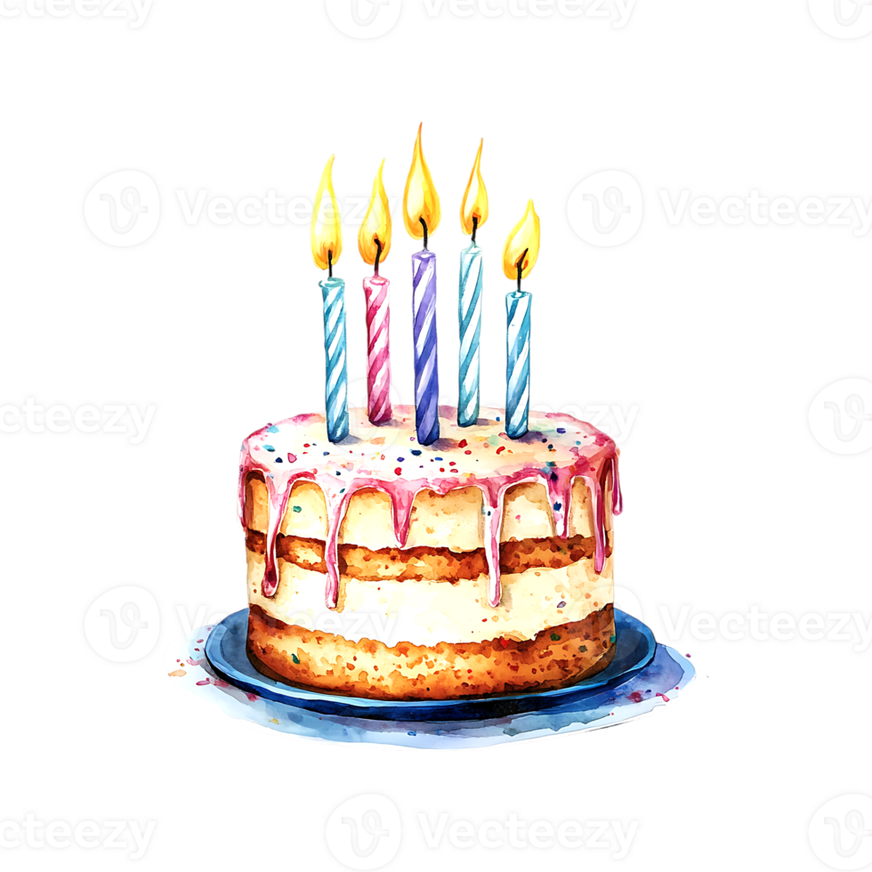 Soft Watercolor Birthday Cake with Candles on a transparent background png