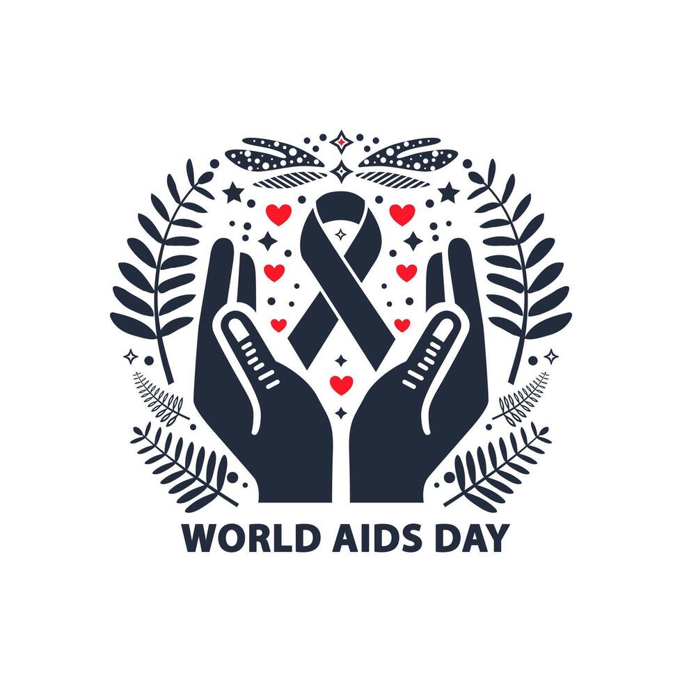 world aids day logo with hands and hearts, abstract world aids day design with element, hand and leaf red heart and with the world aids day black and red colour design, vector