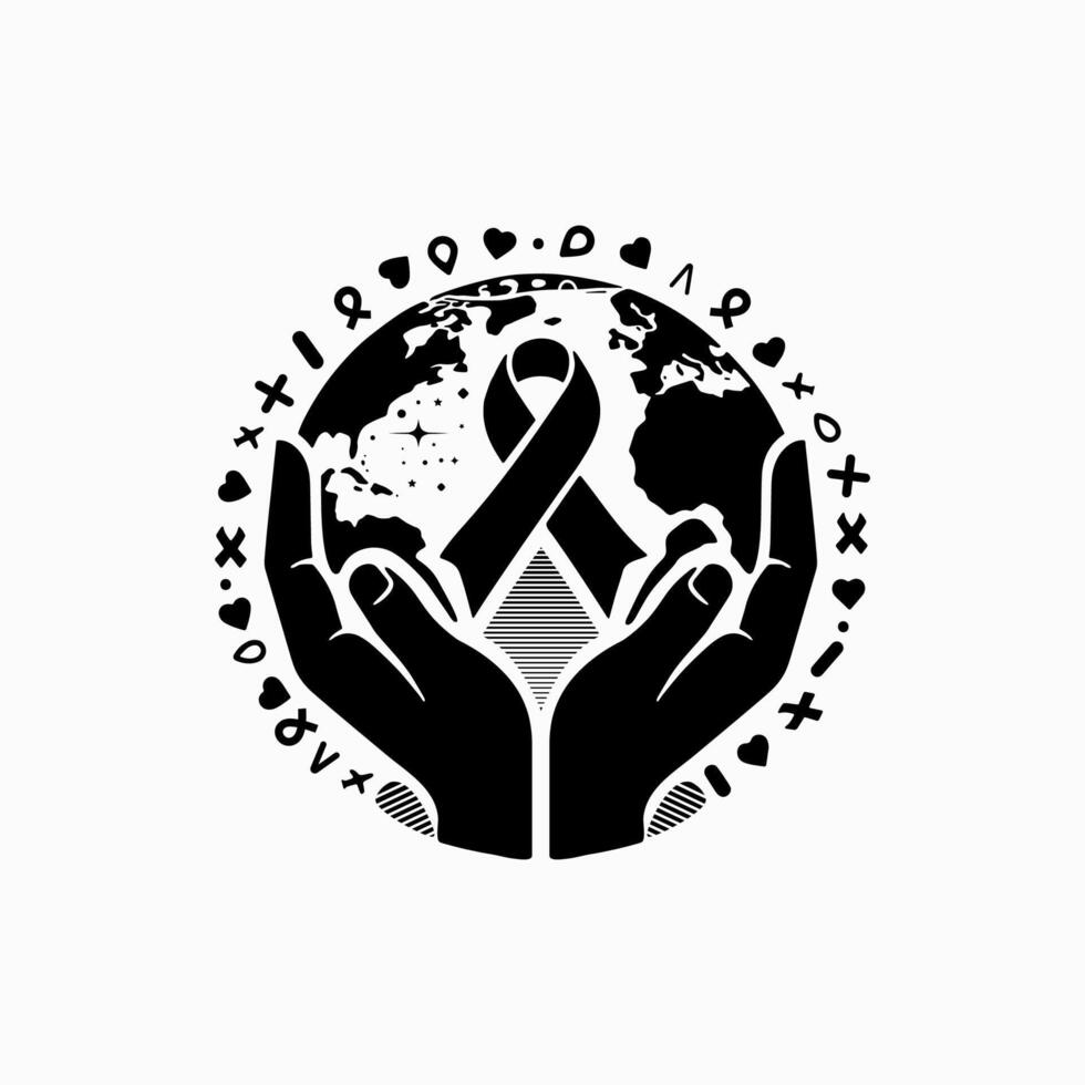 a black and white logo with hands holding a globe, hands holding a black ribbon around the earth, hands holding a globe with various medical symbols design for a world health. aids. cancer. day, vector