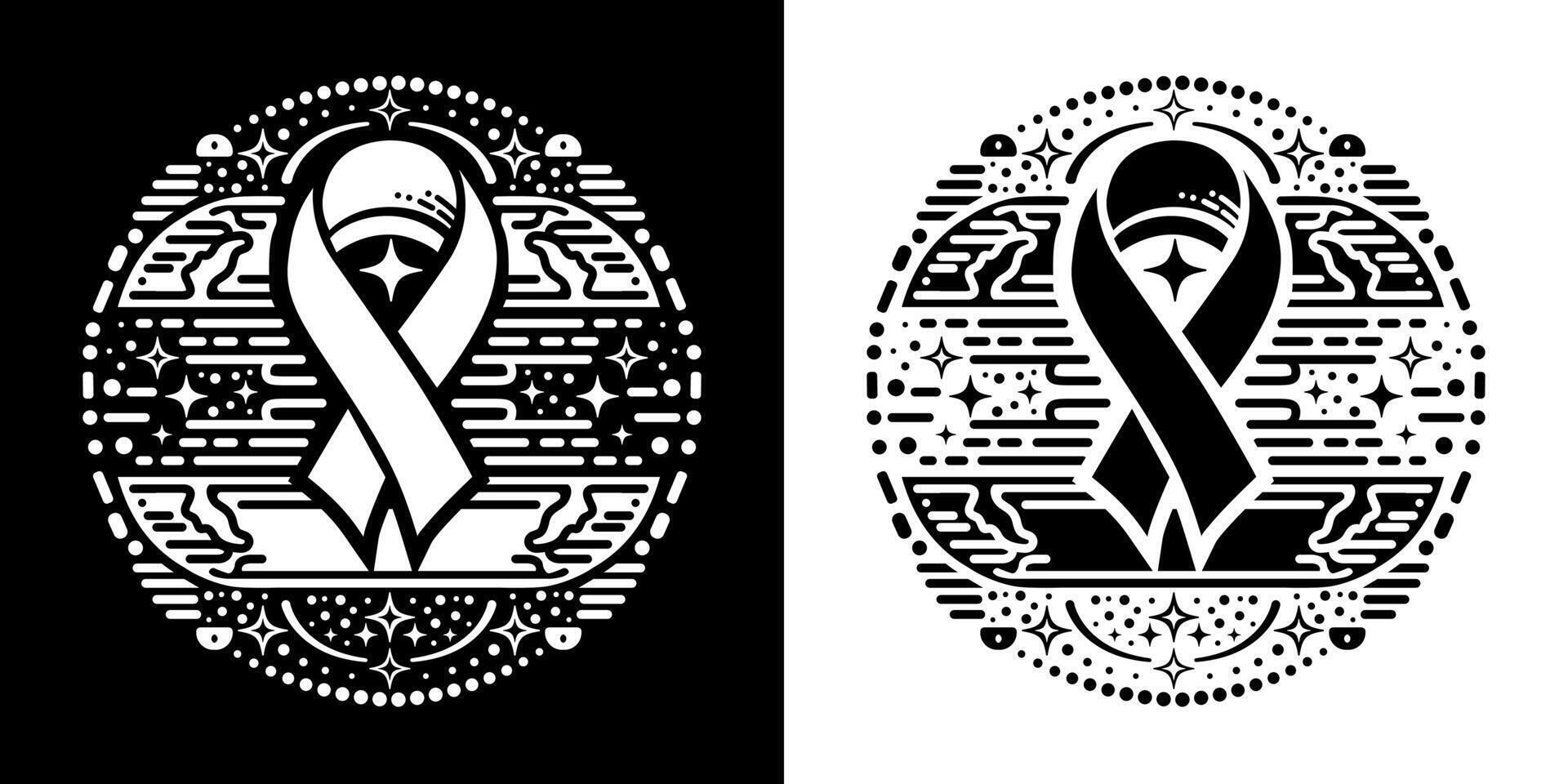 black ribbon with world globe and laurel wreath design set, a black and white poster for a world health. aids. cancer day, vector