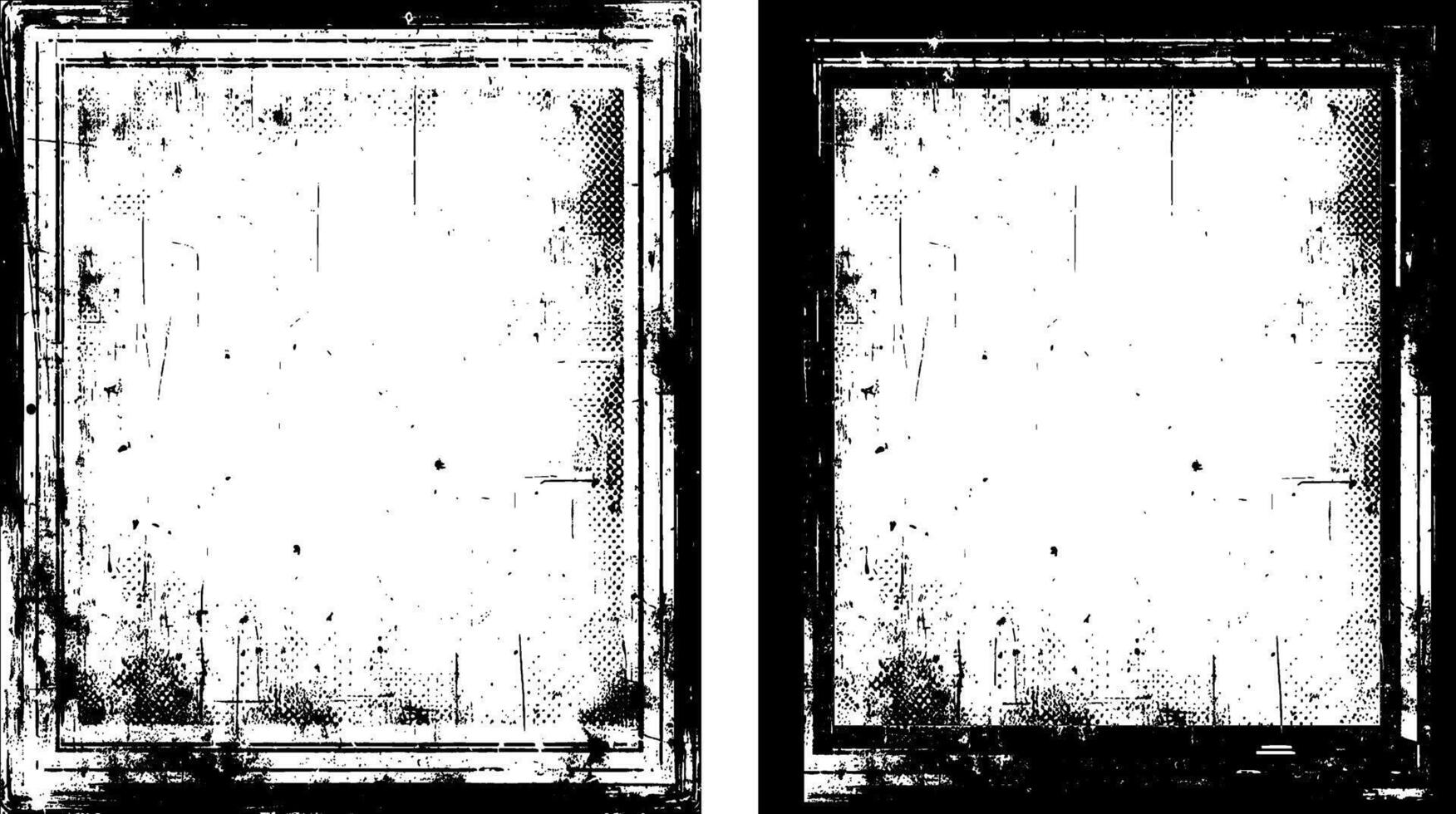 two black and white frames with grunge paint, grunge frame on black background , set of Vintage grunge border vector