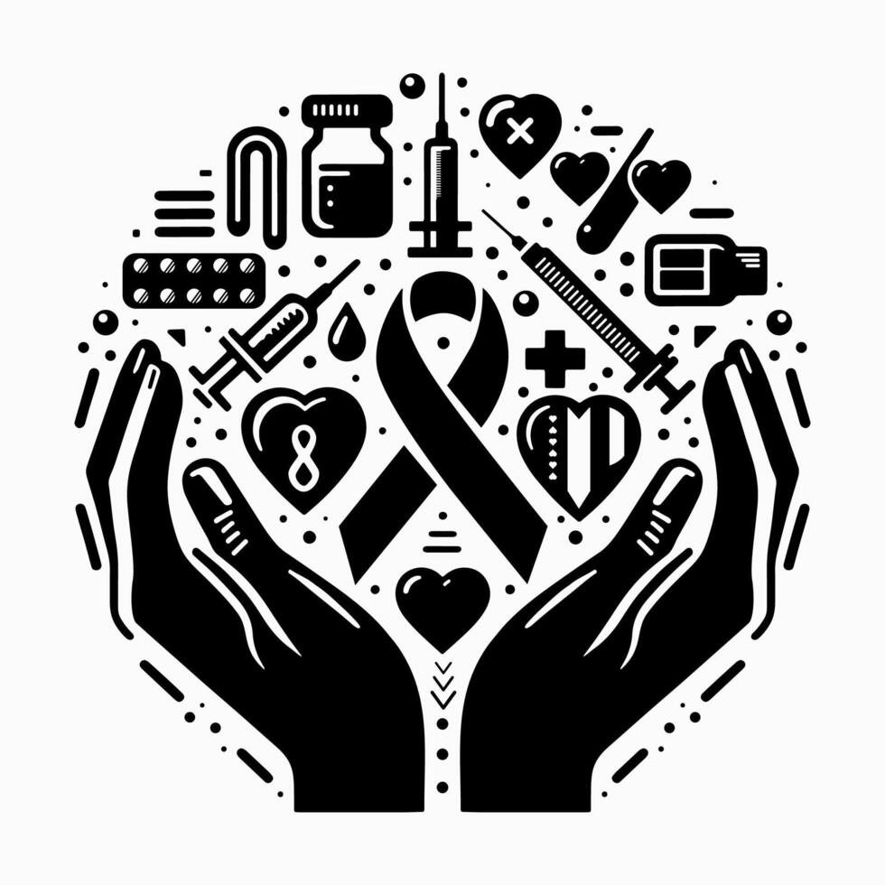 hands holding a ribbon and other medical items, hands holding a globe with various medical symbols design for a world health. aids. cancer. day, hand holding a tree with arrows, vector