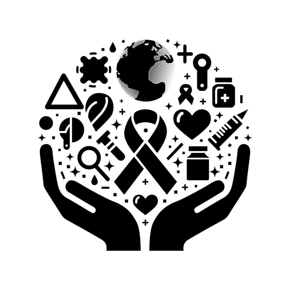 hands holding a globe with various medical symbols design for a world health. aids. cancer. day, vector